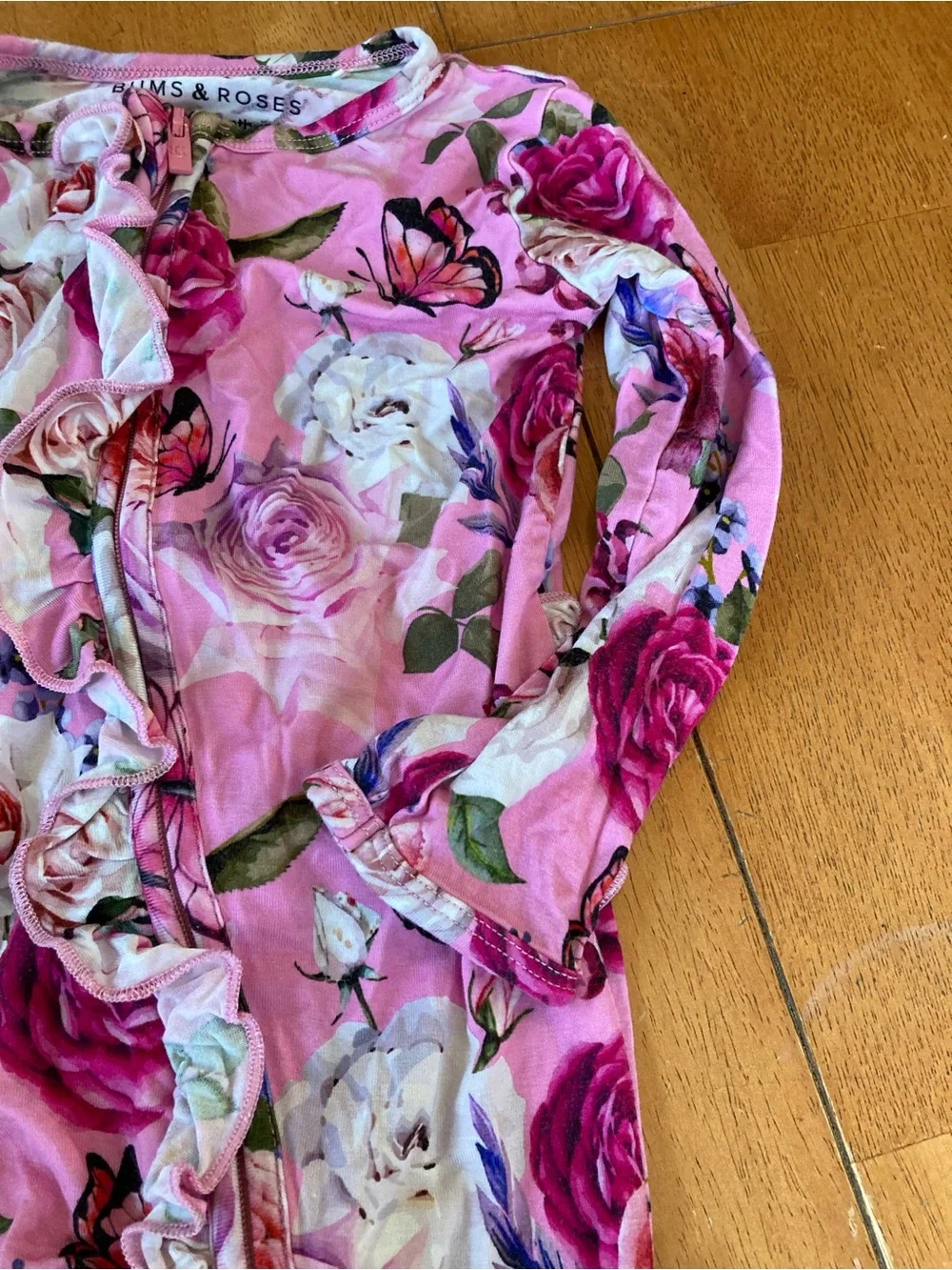 Bums and Roses Bamboo Floral Sleeper with Ruffle Detail - 12-18mos